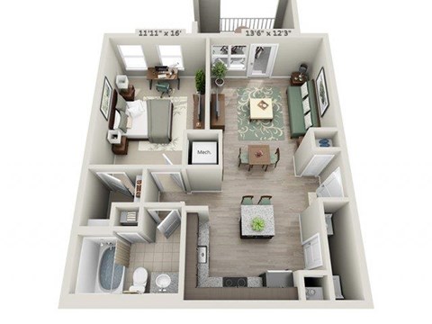 Floor plan for 1 bed, 1 bath, 745 sqft