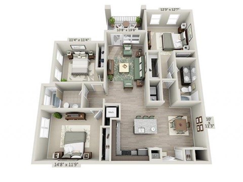 Floor plan for 3 beds, 2 baths, 1402 sqft