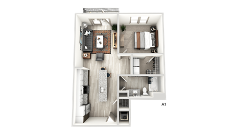 Floor plan for 1 bed, 1 bath, 755 sqft