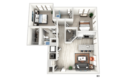 Floor plan for 2 beds, 2 baths, 1039 sqft
