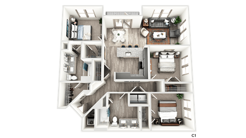 Floor plan for 3 beds, 2 baths, 1376 sqft