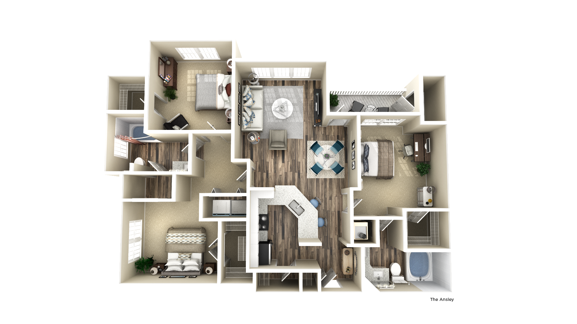 Floor plan for 3 beds, 2 baths, 1421 sqft