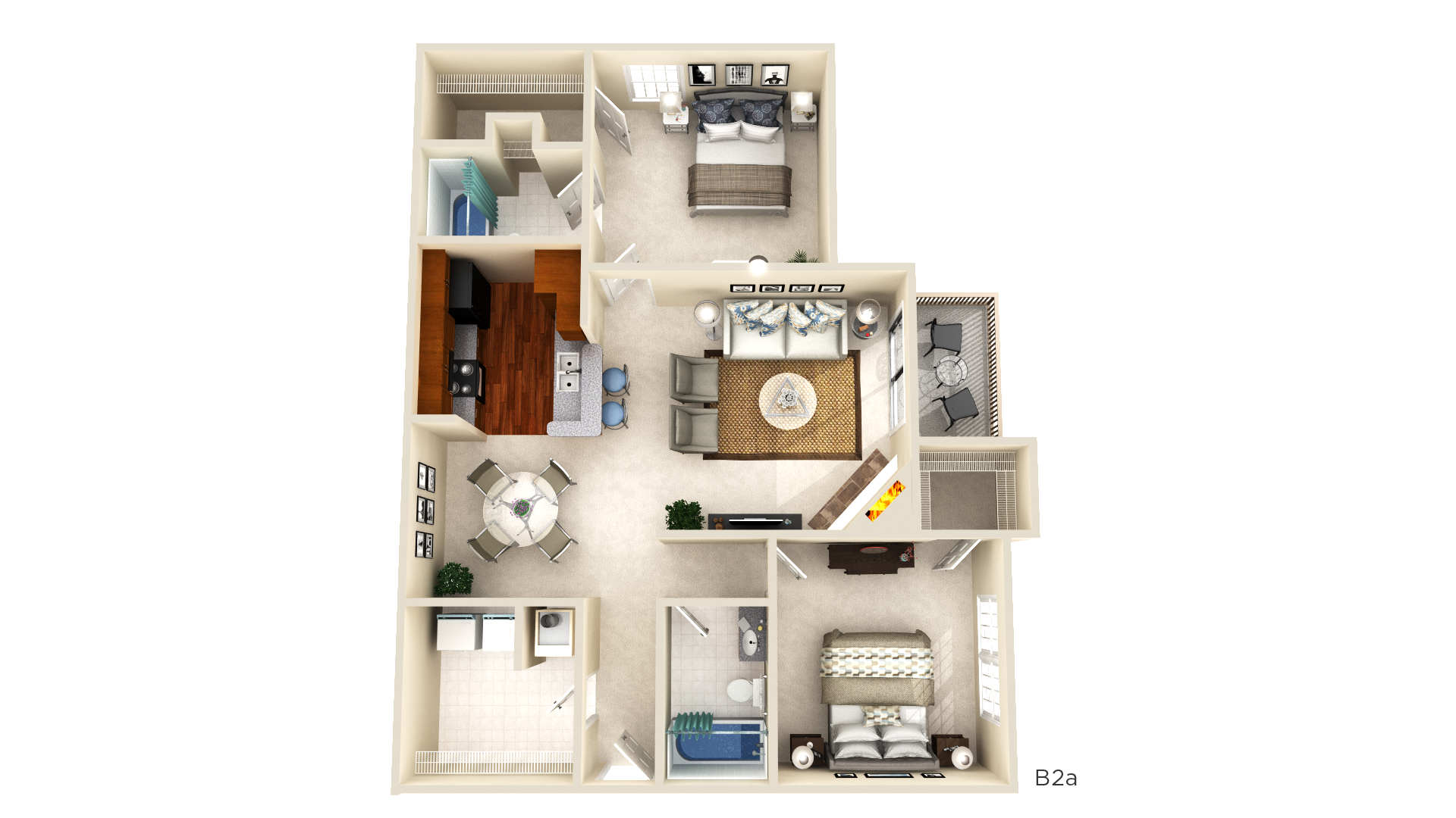 Floor plan for 2 beds, 2 baths, 1050 sqft