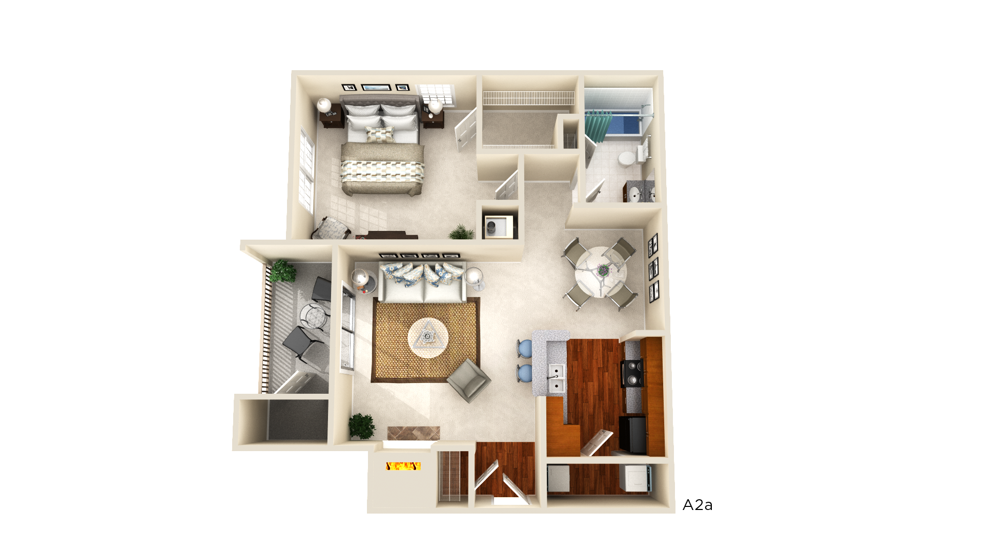 Floor plan for 1 bed, 1 bath, 767 sqft