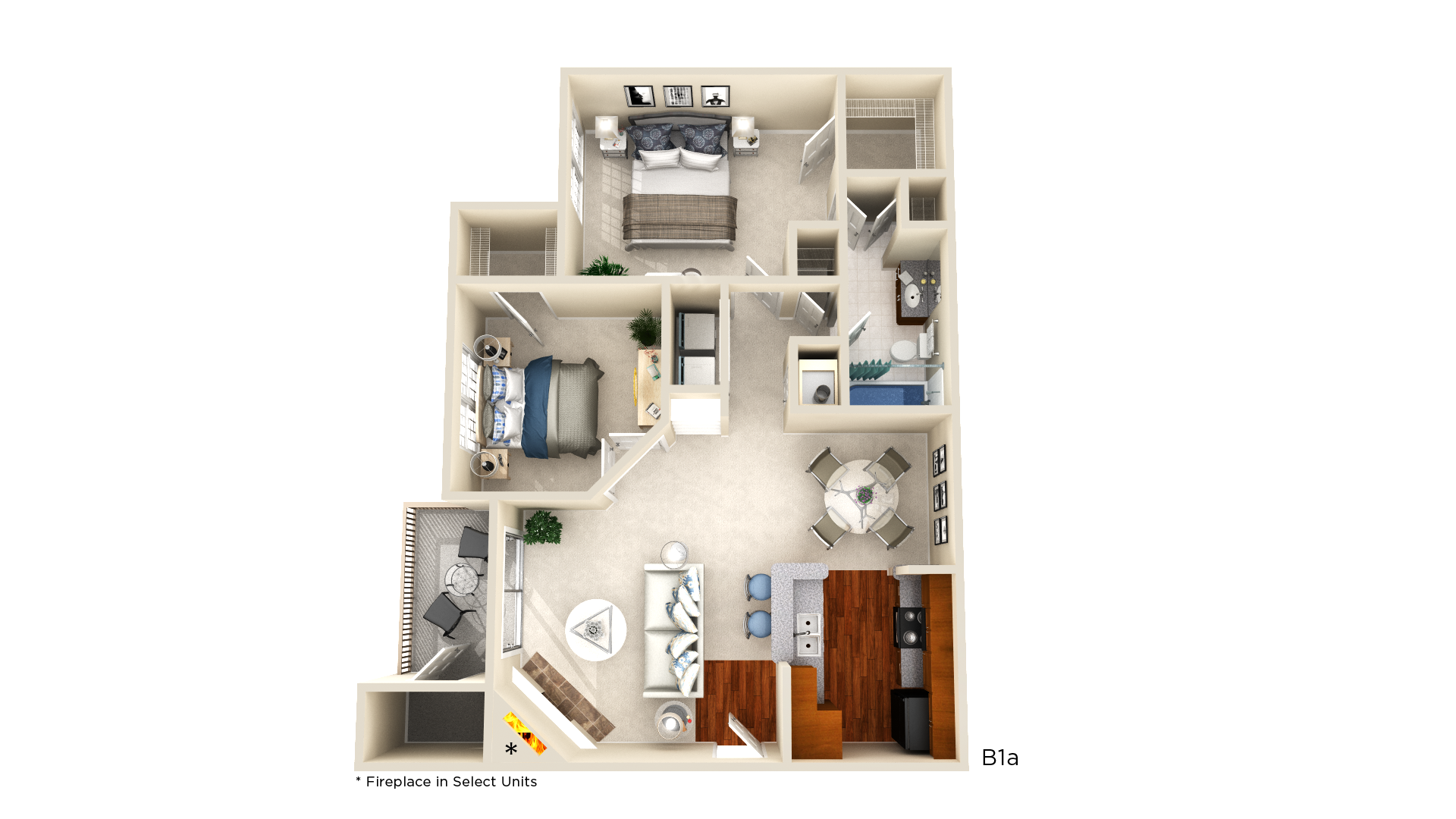 Floor plan for 2 beds, 1 bath, 890 sqft