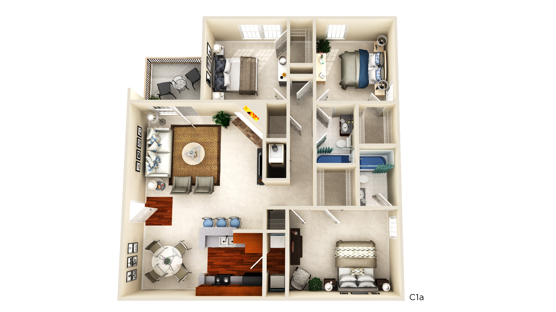 Floor plan for 3 beds, 2 baths, 1237 sqft