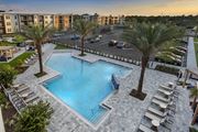 Oviedo apartment for rent - a swimming pool with chaise lounge chairs and palm trees in front of a parking lot