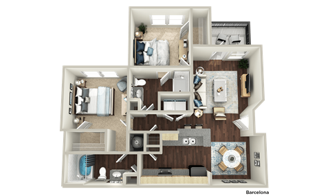 Floor plan for 2 beds, 2 baths, 1021 sqft