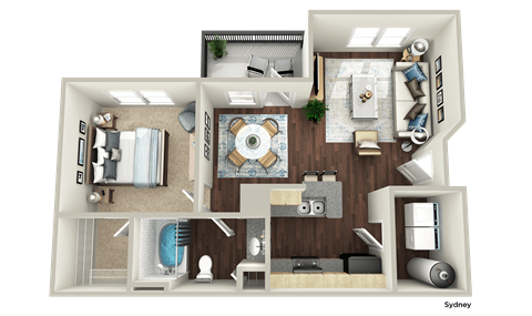 Floor plan for 1 bed, 1 bath, 701 sqft