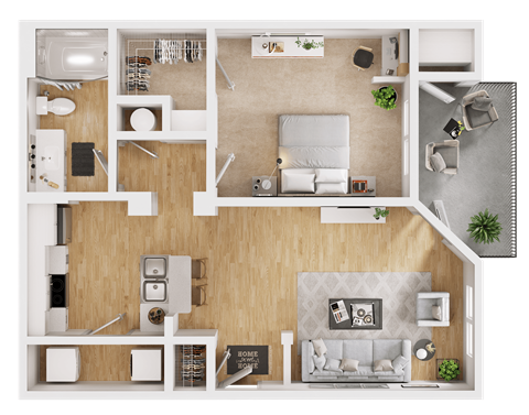 Floor plan for 1 bed, 1 bath, 687 sqft