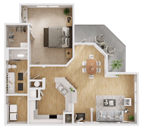 Floor plan for 1 bed, 1 bath, 924 sqft