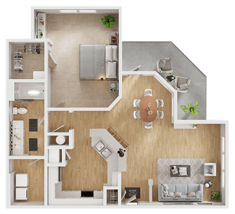 Floor plan for 1 bed, 1 bath, 934 sqft