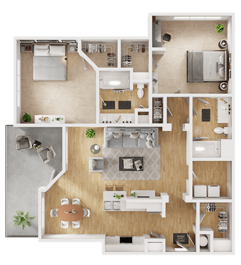 Floor plan for 2 beds, 2 baths, 1263 sqft