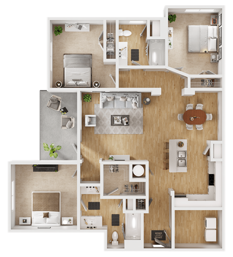 Floor plan for 3 beds, 2 baths, 1429 sqft