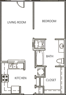 Floor plan for 1 bed, 1 bath, 596 sqft