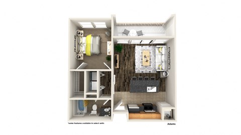 Floor plan for 1 bed, 1 bath, 709 sqft
