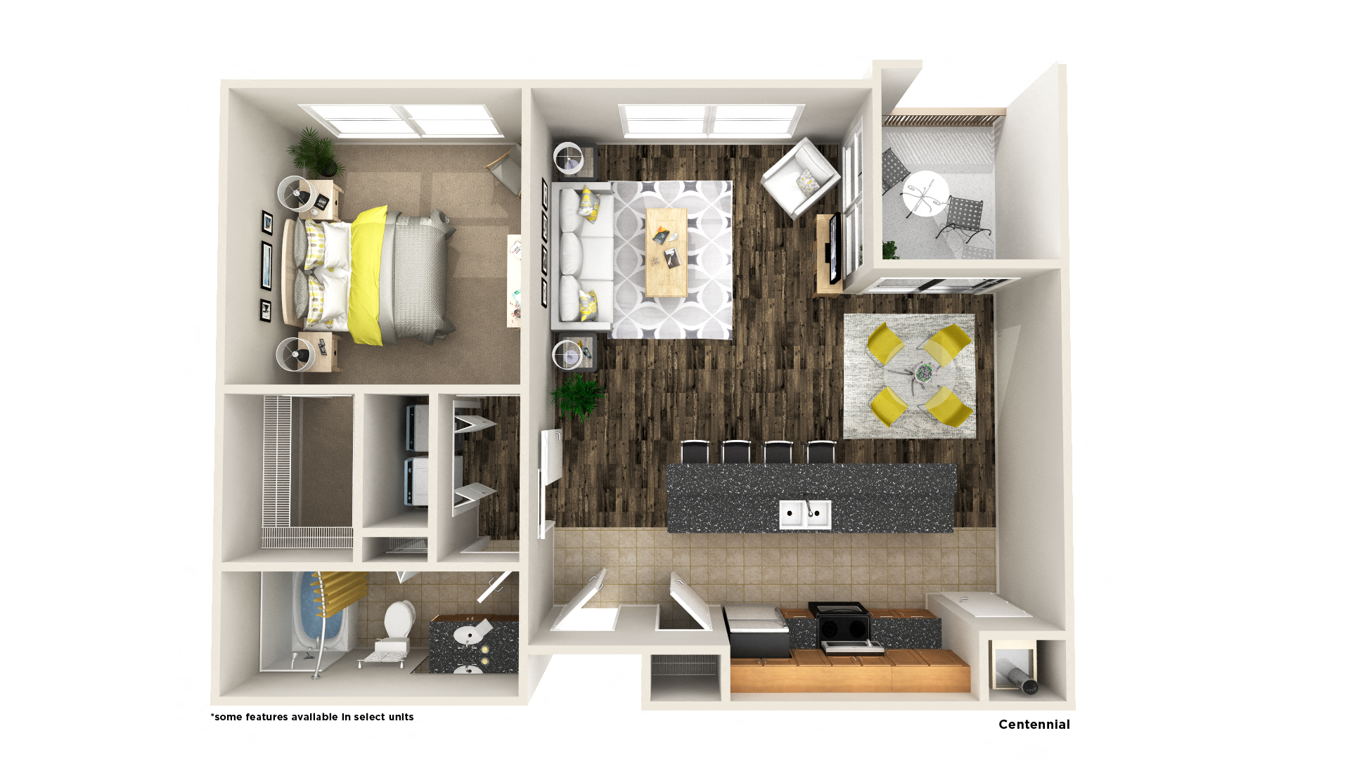 Floor plan for 1 bed, 1 bath, 934 sqft
