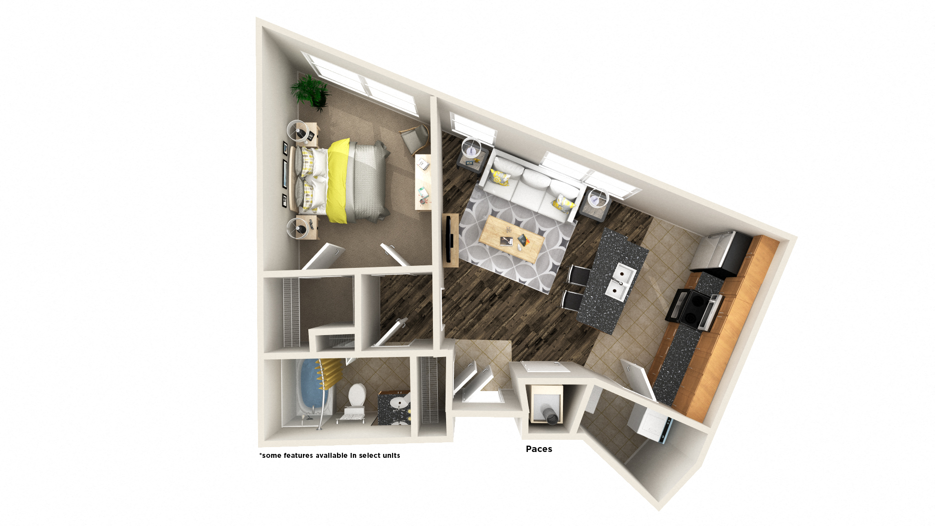 Floor plan for 1 bed, 1 bath, 738 sqft