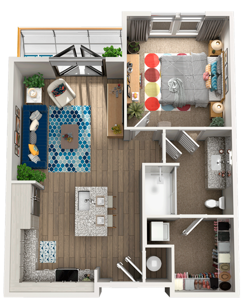 Floor plan for 1 bed, 1 bath, 652 sqft