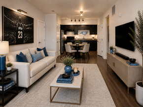 Charlotte apartment for rent - A living room with a basketball poster on the wall.