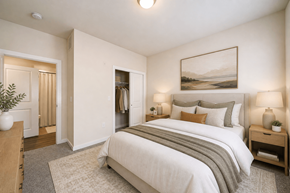 Charlotte apartment for rent - A bedroom with a large bed and a painting on the wall.