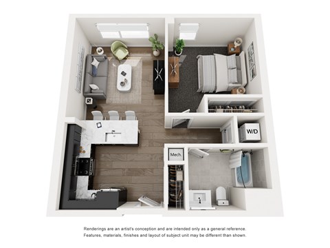 Floor plan for 1 bed, 1 bath, 677 sqft