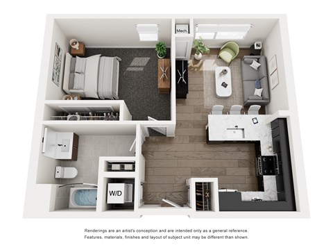 Floor plan for 1 bed, 1 bath, 681 sqft