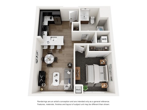 Floor plan for 1 bed, 1 bath, 714 sqft