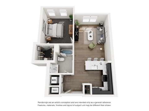 Floor plan for 1 bed, 1 bath, 765 sqft