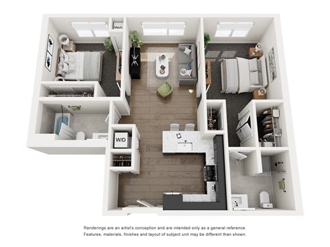 Floor plan for 2 beds, 2 baths, 977 sqft