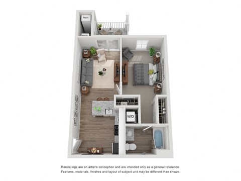 Floor plan for 1 bed, 1 bath, 644 sqft