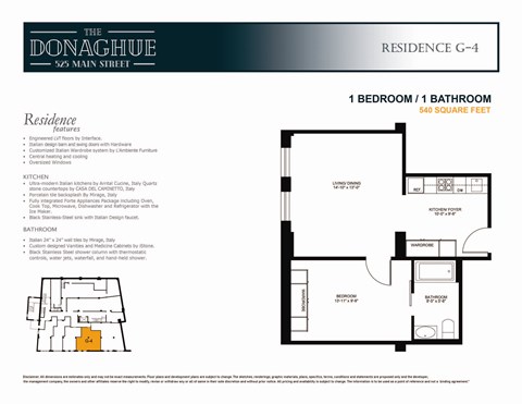 Floor plan for 1 bed, 1 bath, 608 sqft