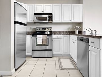 New Haven apartment for rent - A kitchen with white cabinets and appliances.