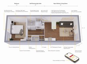 New London apartment for rent - A diagram of a small apartment layout with a bedroom, spa suite, and open kitchen/living room.