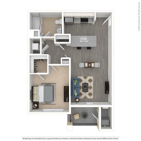 Floor plan for 1 bed, 1 bath, 753 sqft