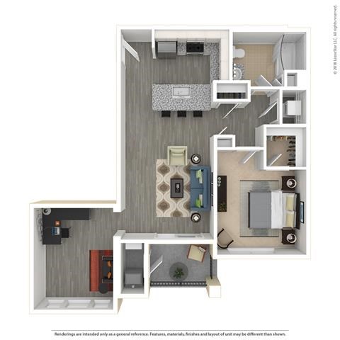 Floor plan for 1 bed, 1 bath, 909 sqft