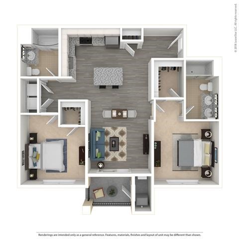 Floor plan for 2 beds, 2 baths, 1105 sqft