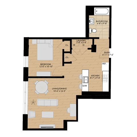 Floor plan for 1 bed, 1 bath, 624 sqft