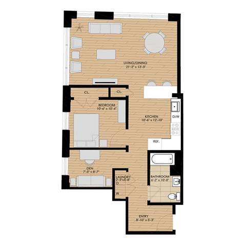 Floor plan for 1 bed, 1 bath, 810 sqft