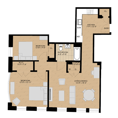 Floor plan for 2 beds, 1 bath, 888 sqft
