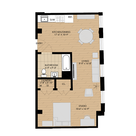 Floor plan for studio, 1 bath, 561 sqft