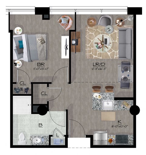 Floor plan for 1 bed, 1 bath, 646 sqft