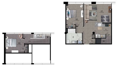 Floor plan for 2 beds, 1 bath, 907 sqft