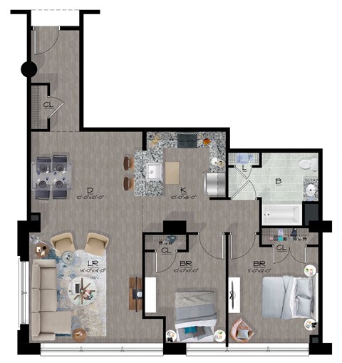 Floor plan for 2 beds, 1 bath, 907 sqft