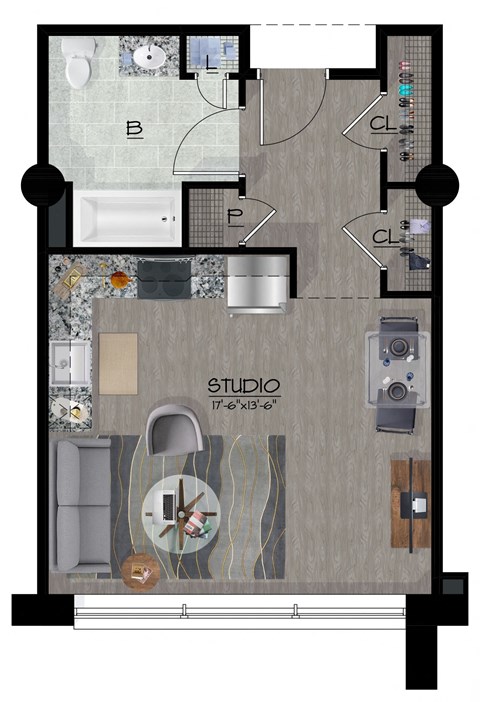 Floor plan for studio, 1 bath, 435 sqft