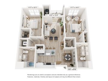Pawcatuck apartment for rent - A floor plan of a two-bedroom apartment with a living room, kitchen, and bathroom.