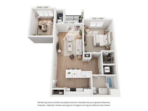 Floor plan for 1 bed, 1 bath, 896 sqft