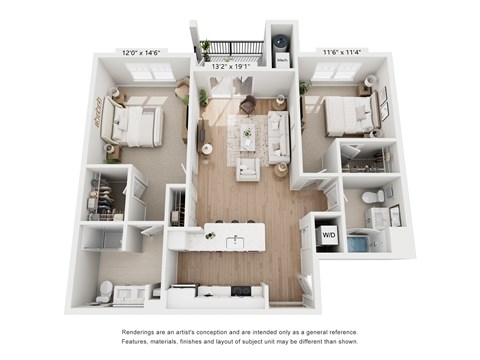 Floor plan for 2 beds, 2 baths, 1086 sqft