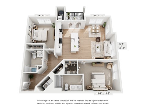 Floor plan for 2 beds, 2 baths, 1100 sqft
