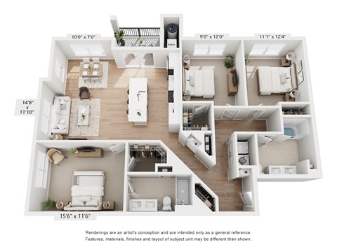 Floor plan for 3 beds, 2 baths, 1365 sqft